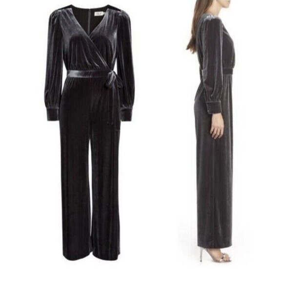 Eliza J Velvet Jumpsuit  Size 4 Gray Long Sleeve - Picture 1 of 12